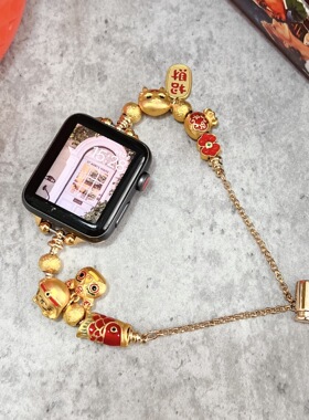 适用红米watch4手表带新款招财猫金属手链小米Redmi3/2/1代青春版新年款民族风串珠表带小米9pro新年红腕带