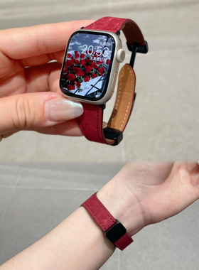 适用红米watch4表带小蛮腰斜纹毛绒真皮表带小米9pro磁吸帆布表带秋冬小米Redmi3/2/1代青春版小众新年红腕带