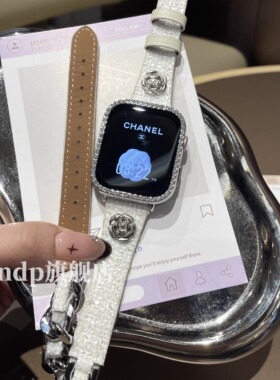 适用红米watch6表带ins秋冬山茶花毛呢双圈真皮表链iwatchS11/10/9/8/7代se3女41/45mm百搭9Pro华为Fit43腕带