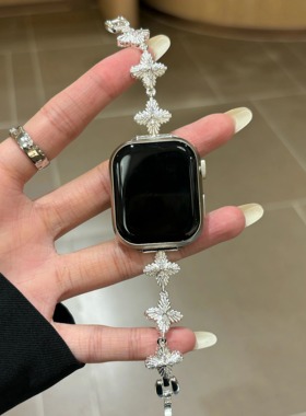 适用华为Fit4表带ins闪钻四芒星铜材质表链iWatchS10/9/8/7/6代se2女41mm镶钻45mm米89Pro红米watch5/4代腕带