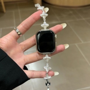 6代se2女41mm镶钻45mm米89Pro红米watch5 适用华为Fit4表带ins闪钻四芒星铜材质表链iWatchS10 4代腕带