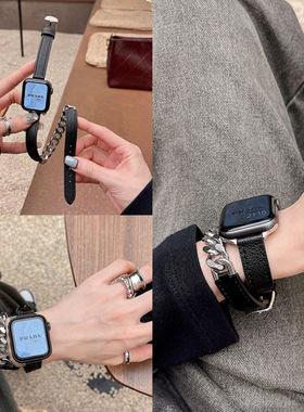 适用于applewatchS8苹果表带双圈扣真皮表链iwatch7654321代SE手表Ultra8不锈钢金属链拼皮双圈45mm女生腕带