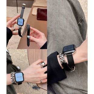 适用于applewatchS8苹果表带双圈扣真皮表链iwatch7654321代SE手表Ultra8不锈钢金属链拼皮双圈45mm女生腕带