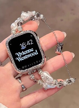 适用华为fit3表带新款镶钻巴洛克珍珠闪钻表链小米redmi4/3/2/1伸缩链小米手环9Pro红米watch5表带45mm金属