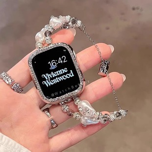 1伸缩链小米手环9Pro红米watch5表带45mm金属 镶钻巴洛克珍珠闪钻表链小米redmi4 适用华为fit3表带新款