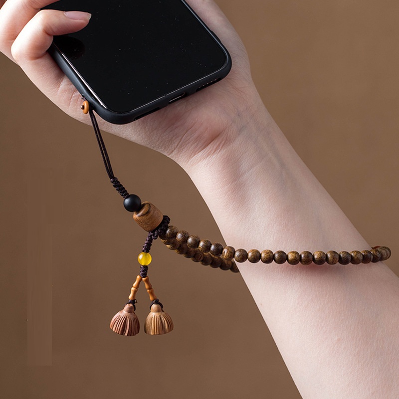 中国风复古加里曼丹沉香木手机挂链女款挂绳短款手腕挂件挂饰吊绳