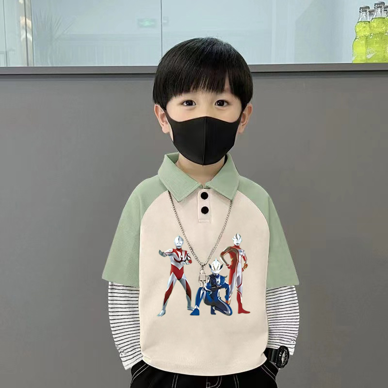纯棉拼接条纹长袖T恤男童polo衫春秋装新款中小儿童卡通帅气上衣