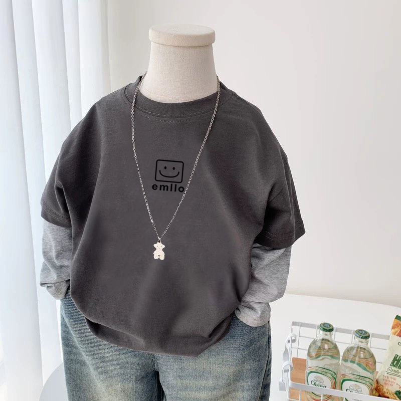 纯棉男童假两件长袖T恤春秋季新款儿童宝宝卡通洋气百搭休闲上衣