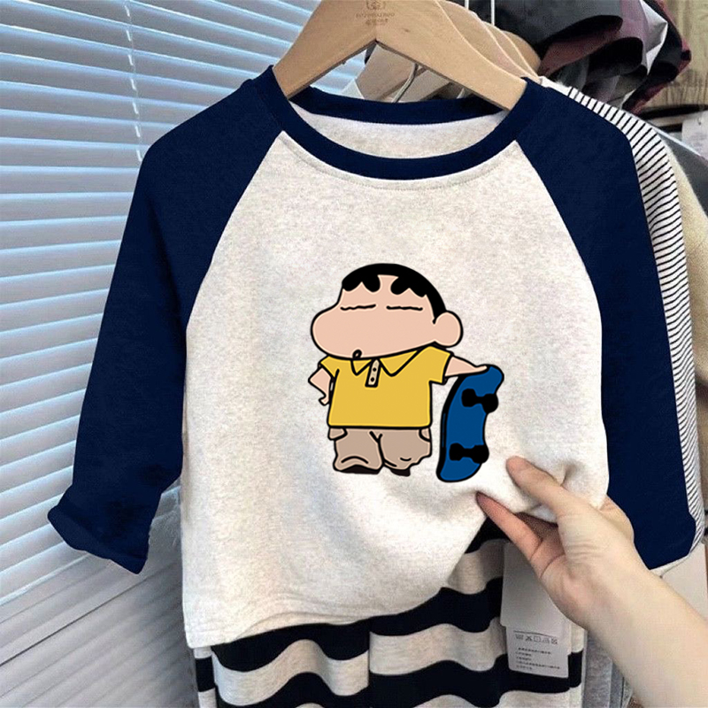 100%纯棉男童插肩圆领长袖T恤2025春秋新款儿童宝宝时尚打底上衣