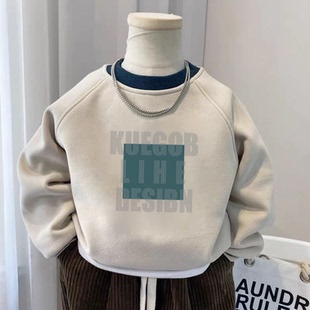 100%纯棉男童拼色圆领加绒卫衣2026秋冬新款儿童宝宝休闲百搭上衣