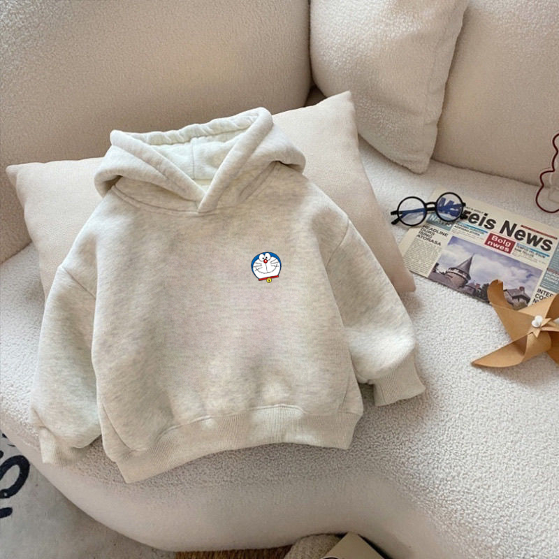 100%纯棉男童加绒加厚连帽卫衣2025秋冬新款儿童宝宝简约印花上衣