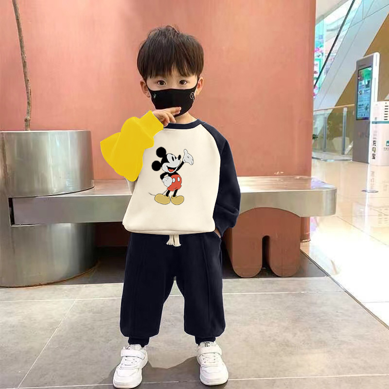 100%纯棉男童拼色卫衣两件套春秋季儿童宝宝百搭洋气休闲运动套装