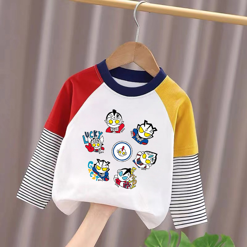 100%纯棉男童长袖T恤春秋新款儿童宝宝卡通洋气休闲拼接条纹上衣