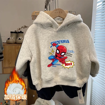 100%纯棉男童加绒加厚连帽卫衣2025秋冬新款儿童宝宝卡通动漫上衣