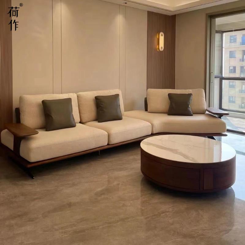 荷作新中式黑胡桃木简约实木布艺直排沙发大户型客厅宋氏美学沙发