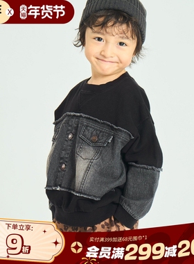 BREEZEsquare专柜同款儿童牛仔拼接字母潮酷上衣长袖卫衣R411115