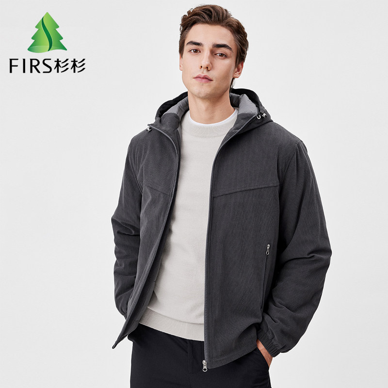 杉杉灯芯绒连帽拉链口袋男士棉服