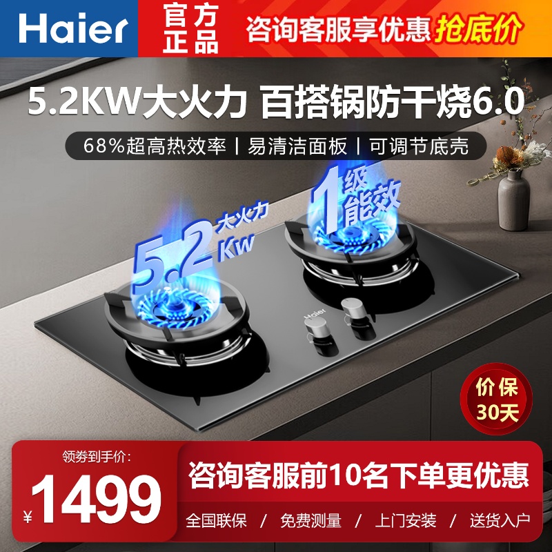 海尔燃气灶5.2天然气灶AI智能防干烧煤气灶大火力家用猛火灶QGBE2