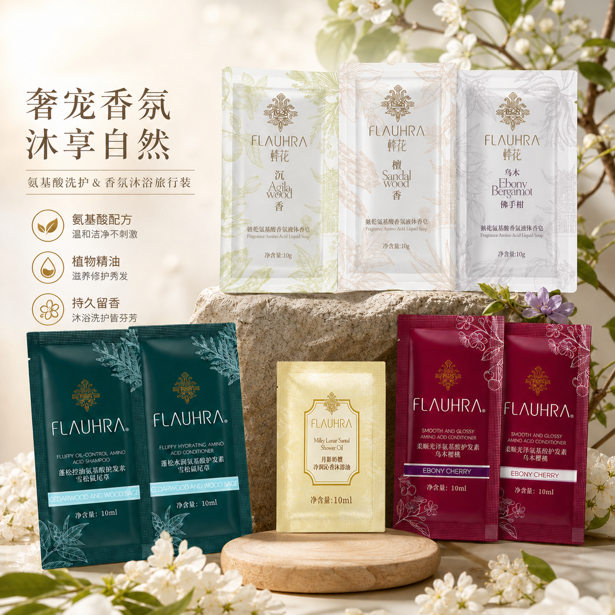 FLAUHRA洗护小样礼包80ml（液体皂*3+洗发水*2+护发素*2+沐浴油*1