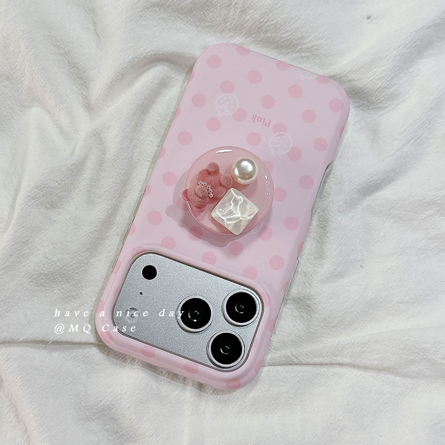 简约粉色波点适用苹果17手机壳iPhone17Promax新款16高级感15保护套13硅胶14防摔全包带立体小熊支架女软磨砂