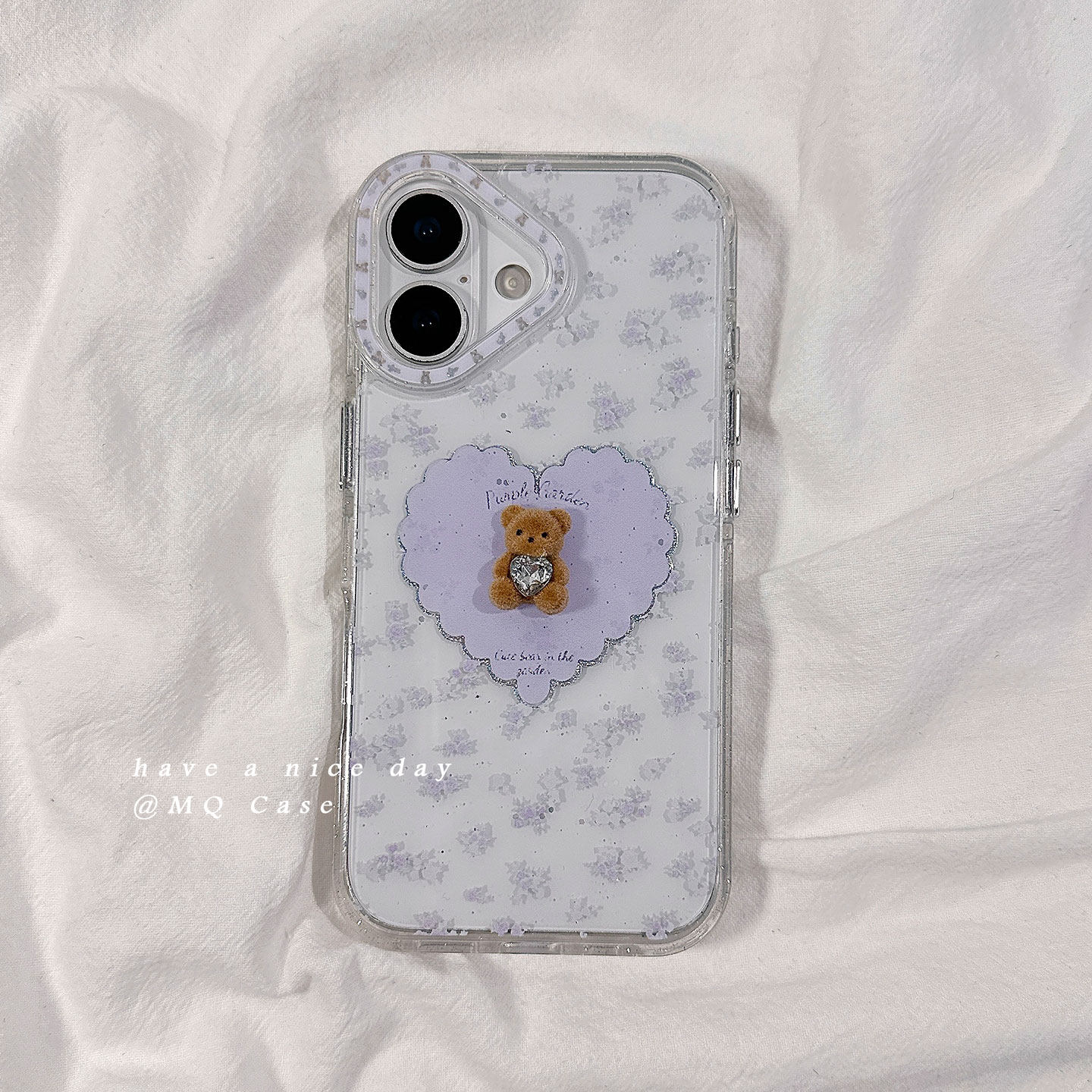 简约透明紫色碎花适用苹果17手机壳iPhone17Promax新款16高级感15保护套13硅胶14防摔全包女款立体小熊软壳薄