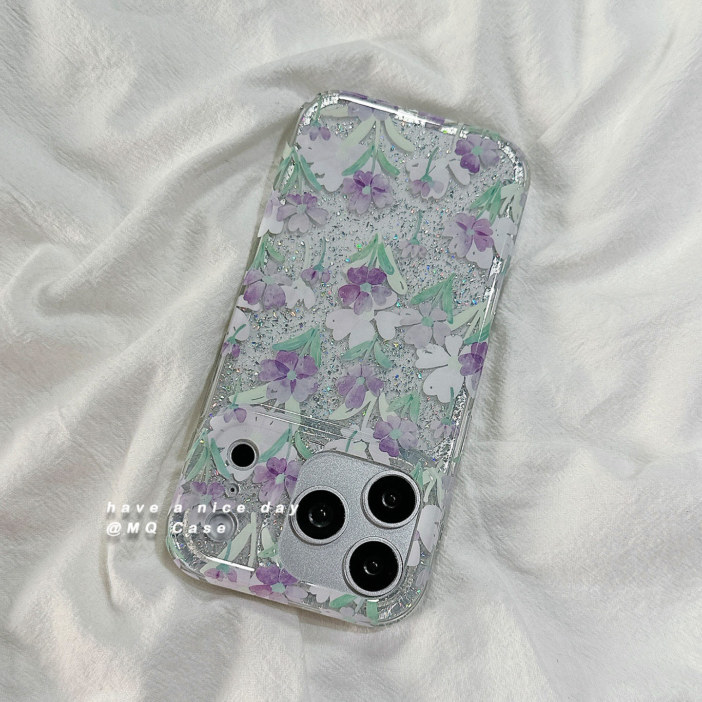 ins闪粉银箔紫色花朵适用苹果17手机壳iPhone17Promax新款16高级感15保护套硅胶防摔全包创意少女日韩女款软p