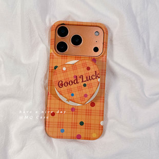 简约复古橙色格纹波点适用苹果17手机壳iPhone17Promax新款16高级感15Pro保护套菲林防摔半包带磁吸支架女硬p