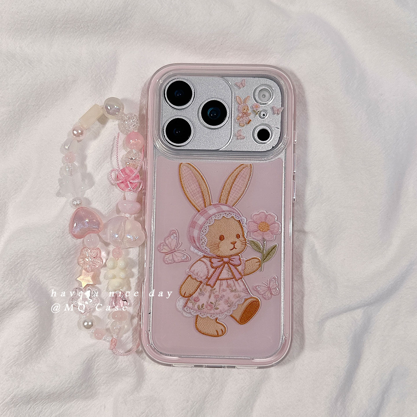 春天粉色花朵小兔子适用苹果17手机壳iPhone17Promax新款16高级感15保护套13硅胶14防摔全包二合一带链条女软