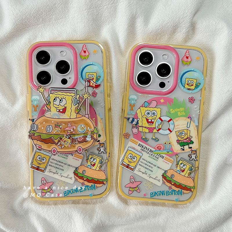 趣味可爱海绵宝宝适用苹果16手机壳iPhone15Promax新款13/14高级感16pro磁吸保护套硅胶二合一带支架软壳男女