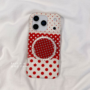 简约韩系少女拼接波点适用苹果17手机壳iPhone17Promax新款16高级感15保护套13硅胶14防摔全包带支架女款软壳