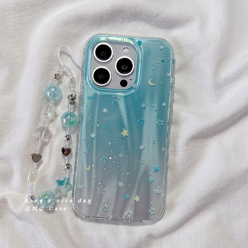 ins韩风渐变蓝星星带链条适用苹果16Promax手机壳iPhone13新款15小众高级感14保护套防摔硅胶16Pro全包女款软