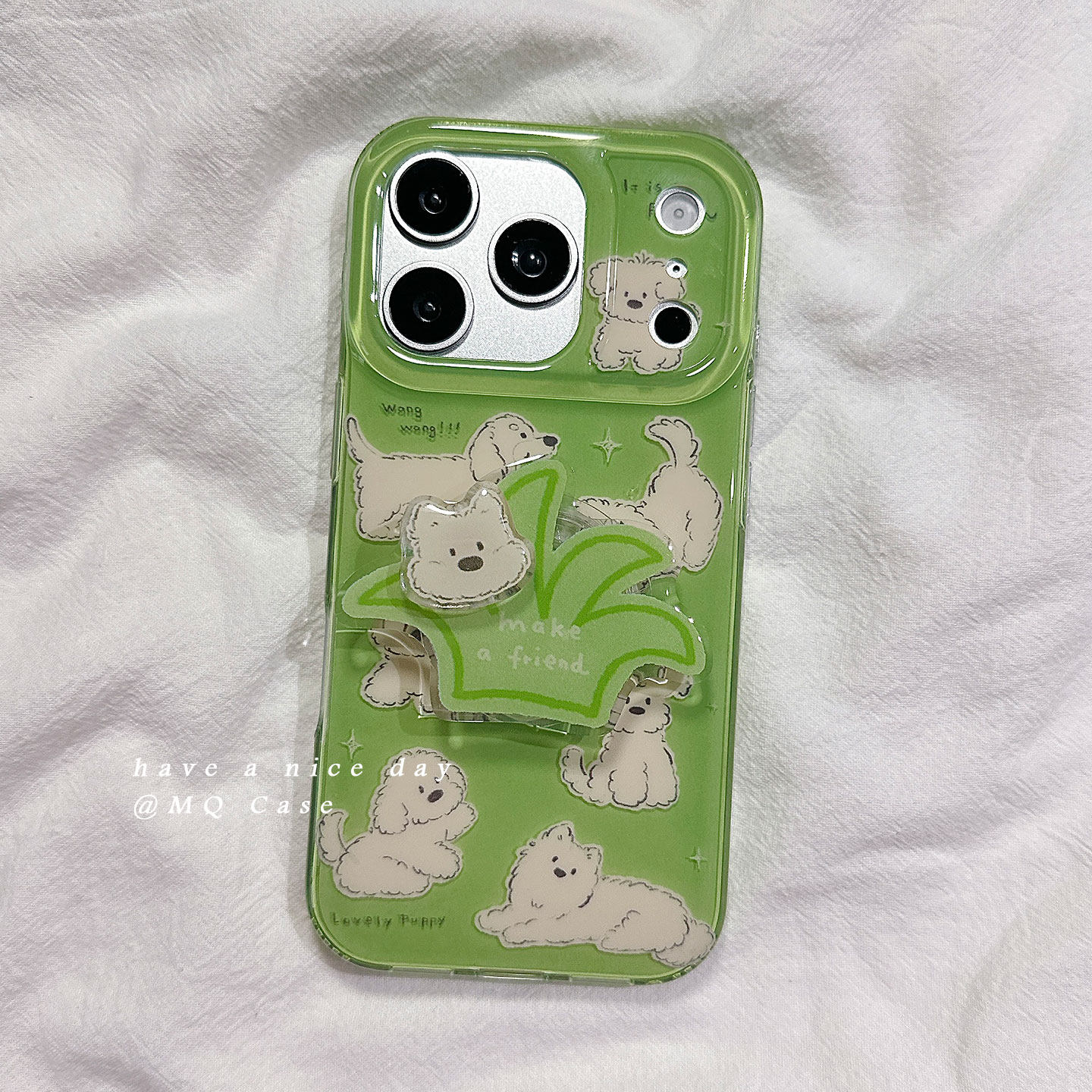 ins夏日清新小狗适用苹果17手机壳iPhone17Promax新款16高级感15保护套硅胶防摔全包带旋转支架男女款软绿色p