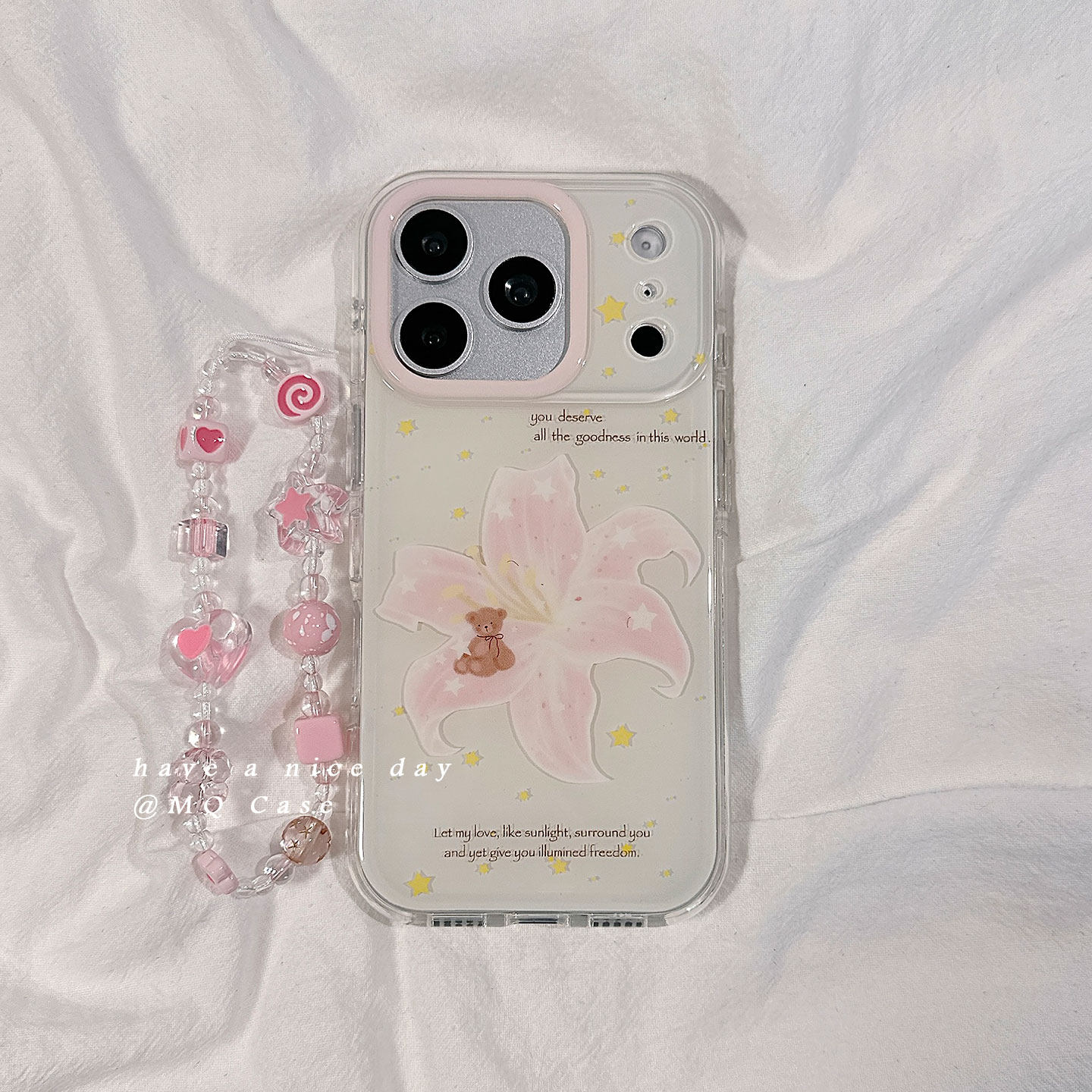 ins日韩百合花小熊适用苹果17手机壳iPhone17Promax新款16高级感15保护套硅胶防摔全包带链条挂绳女款软壳外p