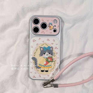 春日刺绣碎花小猫适用苹果17手机壳iPhone17Promax新款16高级感15保护套硅胶14防摔全包创意女款软壳带挂绳外