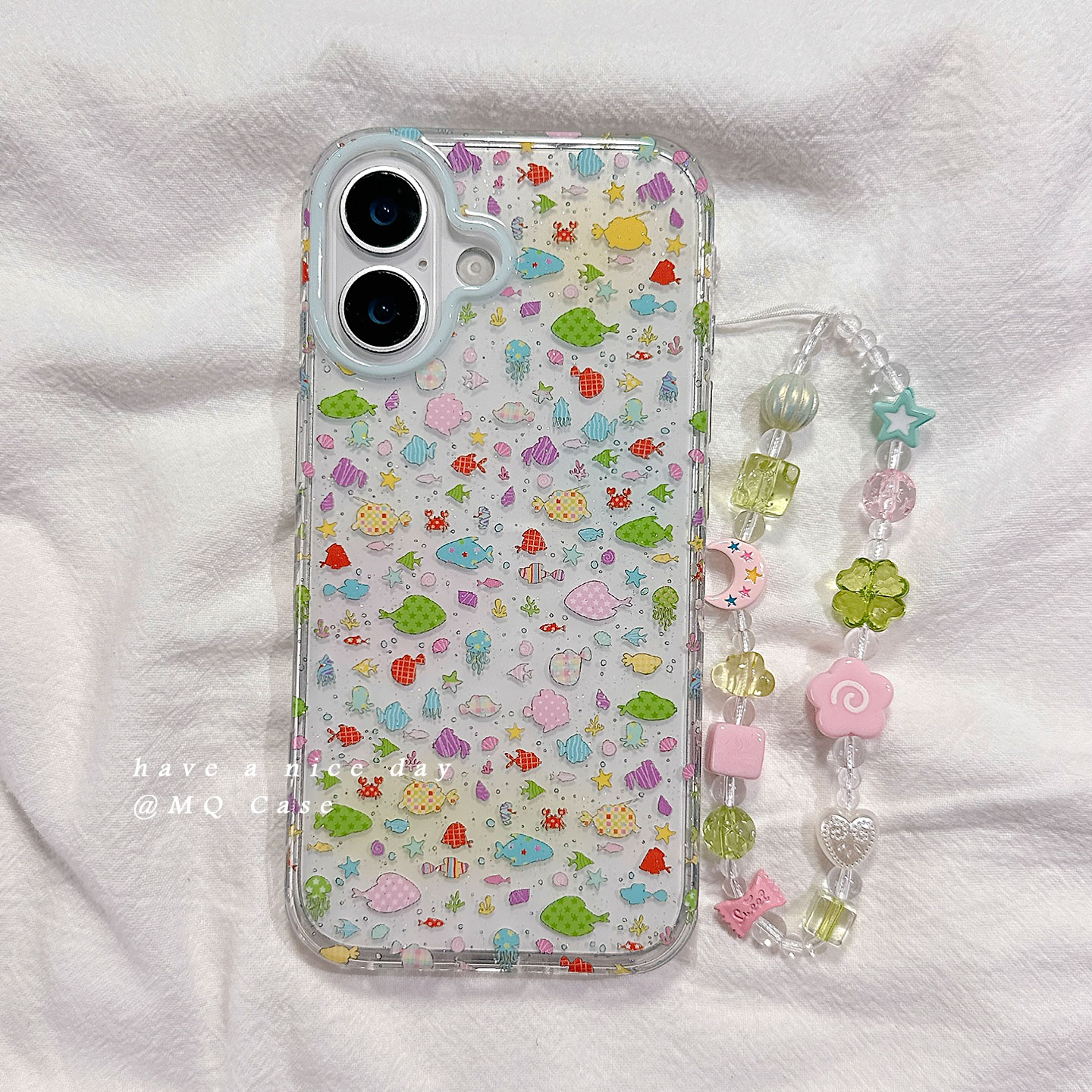 ins韩风小清新鱼群适用苹果17手机壳iPhone17Promax新款16高级感15保护套16pm硅胶防摔全包带链条女款透明软p