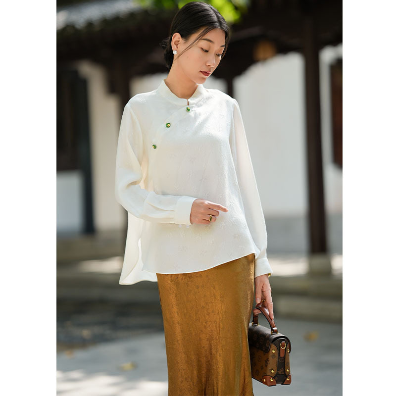 白衬衣女款高级感真丝冠乐绉新中式衬衫女长袖桑蚕丝轻国风上衣