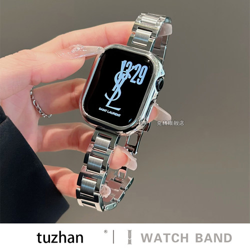 适用苹果手表iwatch表带s10女款s9专用se高级感ultra3不锈钢s11精致女生金属质感蓝气球细三株小众applewatch