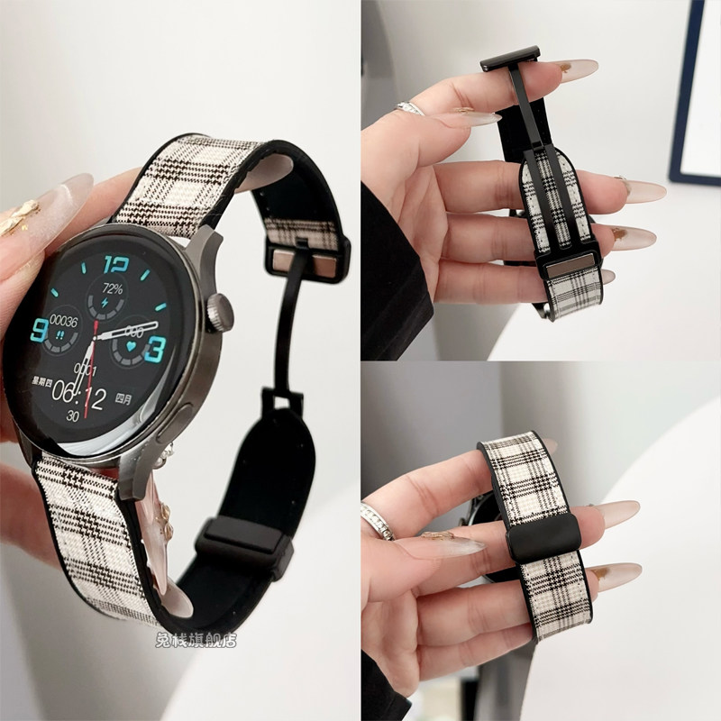 适用oppowatchx2智能手表表带新款oppowatch4pro苏格兰帆布watch3/se男女生watch2春夏磁吸折叠扣