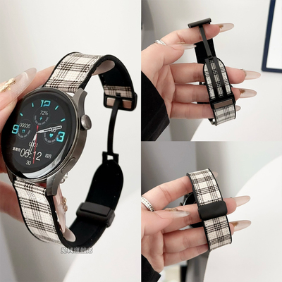 适用oppowatchx2智能手表表带新款oppowatch4pro苏格兰帆布watch3/se男女生watch2春夏磁吸折叠扣