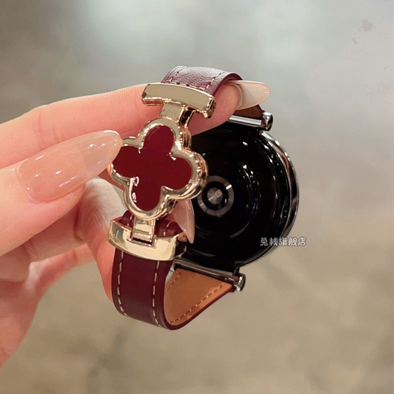 四叶草磁吸扣皮质适用华为gt6手表表带gt5pro女款watch5高级感watch4pro真皮gt4智能gt3腕表watch3专用秋冬