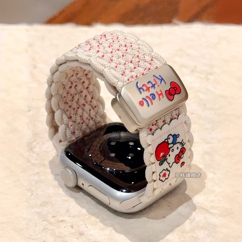 适用applewatch苹果手表iwatch表带series11可爱KT猫s10编织s9尼龙se3磁吸ultra3腕表专用女款韩系新品质感