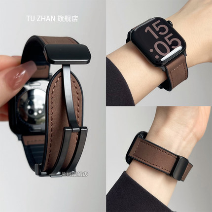新款疯马皮硅胶磁吸iwatch表带适用苹果手表applewatch运动9透气8真皮ultra秋冬男款小众s9女款s10潮se高级感