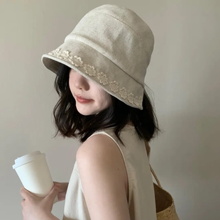 夏季 韩系文艺气质显脸小遮阳帽子 棉麻渔夫帽女系带蝴蝶结透气薄款