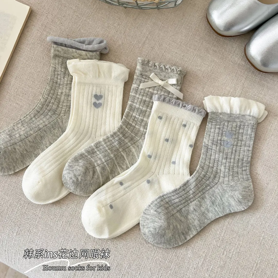 女童袜子春夏薄款透气网眼中筒袜儿童韩版ins波点爱心公主花边袜