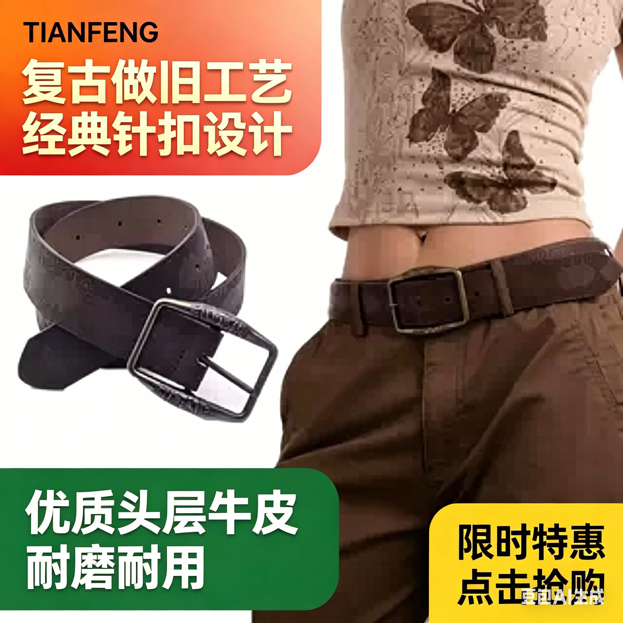 美式复古棕色女士牛皮针扣腰带