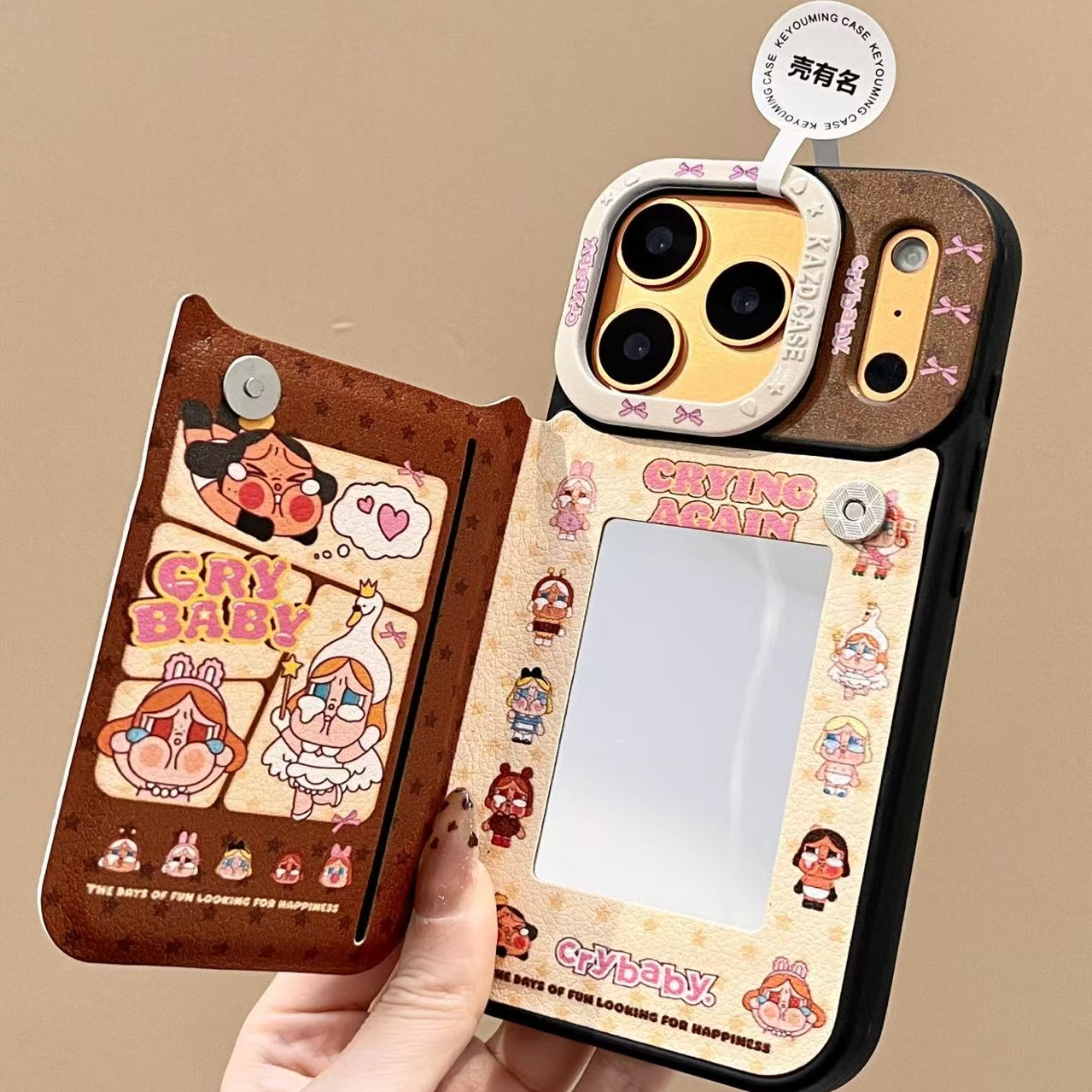 卡通高级感翻盖镜面天使哭娃适用iPhone17promax手机壳15新款17pro13创意全包防摔16pro超好看17保护套