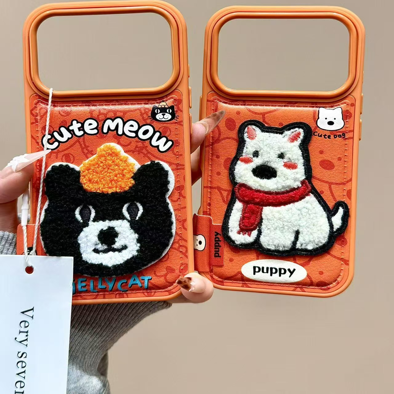 可爱皮纹刺绣狗狗黑猫手拎绳适用iPhone17promax手机壳15新款17pro13创意全包防摔16pro超好看17保护套