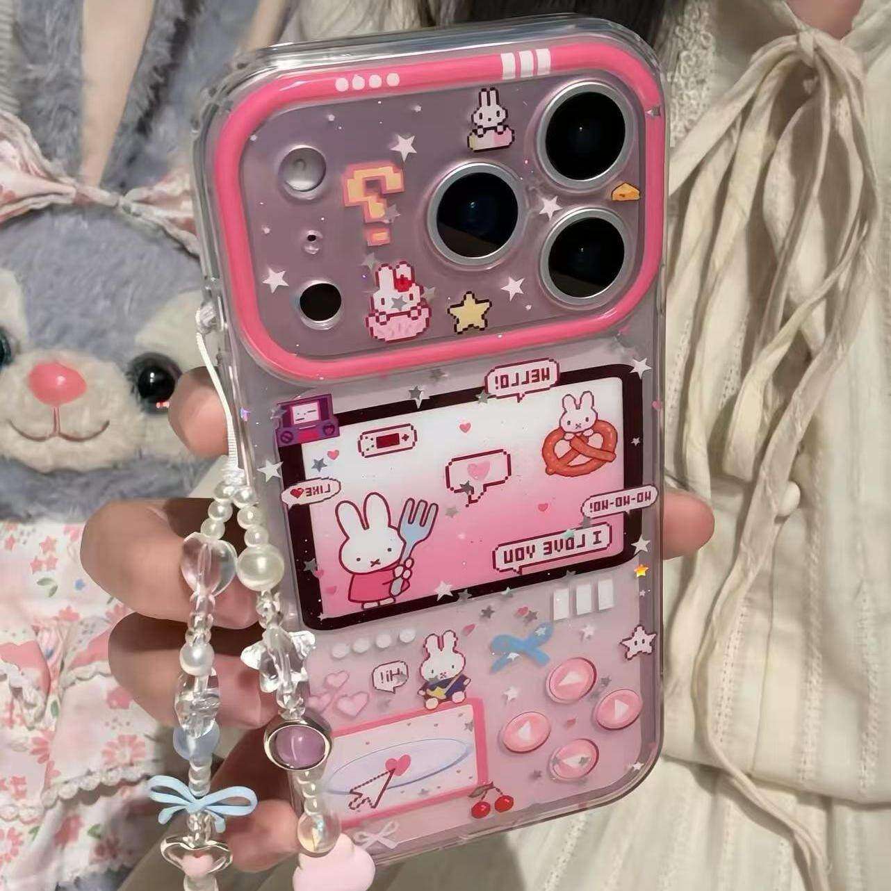 透粉游戏机兔子手绳适用iPhone17promax手机壳15新款17pro网红女款13创意全包防摔16pro超好看17保护套,3C数码配件,手机保护套/壳,淘宝优惠券,粉丝福利购,淘宝优惠卷