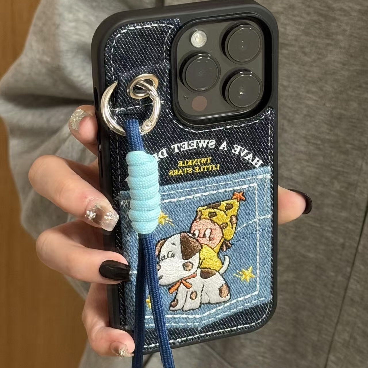 骑小狗星星人卡包牛仔蓝色手绳适用iPhone17promax手机壳15新款17pro13创意全包防摔16pro超好看17保护套