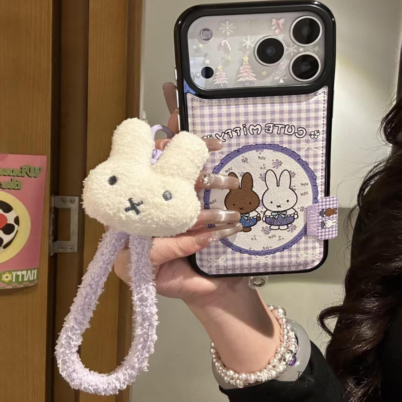 黑框皮纹手拎紫色碎花米菲兔适用iPhone17promax手机壳15新款17pro13创意全包防摔16pro超好看17保护套